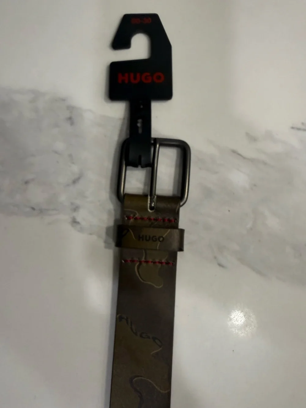 HUGO Brown Camouflage Leather Belt with Red Stitching